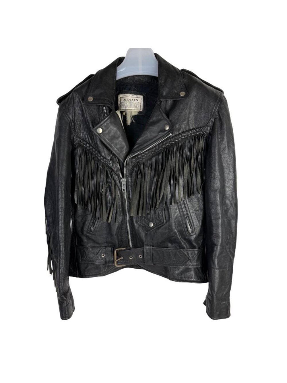 Vintage 1980's Addis Women's Moto Biker Black Leather Jacket Fringed Zip-Front
